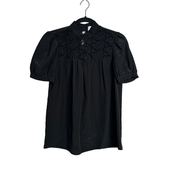 Tibi Black 100% Silk Blouse Womens Size 0 Short Sleeve Top Shirt Lace - Picture 1 of 6